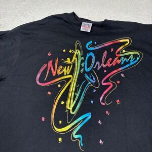 Vintage Oneita New Orleans Jazz Saxophone T-Shirt XXL Black‎ Rainbow Glitter 90s